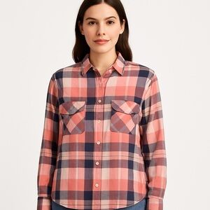 GUESS Plaid Button Down Shirt Women’s Small Ecru Pink Blue Peach Rayon Blend